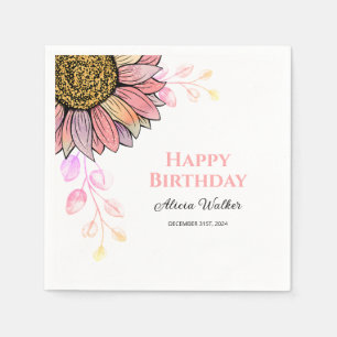Färglös Blommigt Peach Löv Birthday Pappersservett