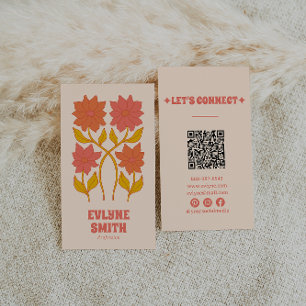 Färglös Blommigt QR kod Groovy Terracotta Boho Visitkort