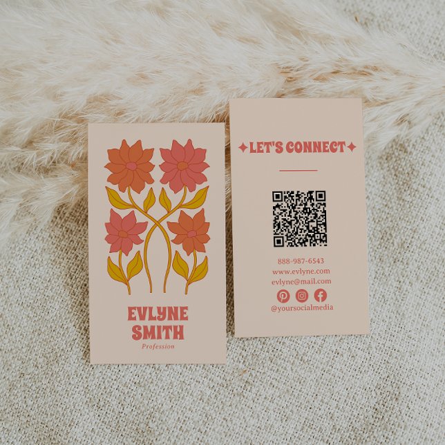 Färglös Blommigt QR kod Groovy Terracotta Boho Visitkort (Skapare uppladdad)