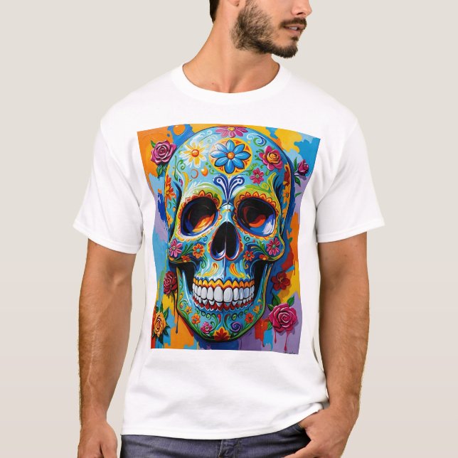 Färglös Blommigt Sockerskullsskiss T-Shirt-design T Shirt (Framsida)