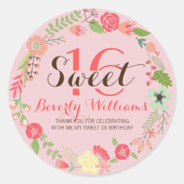 Färglös Blommigt Utandning på Rosa Sweet 16 Runt Klistermärke
