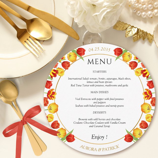 Färglös Blommigt Vår Tulip Vit Rund Bröllop Meny (Colorful Floral Spring Tulip White Round Wedding Menu)