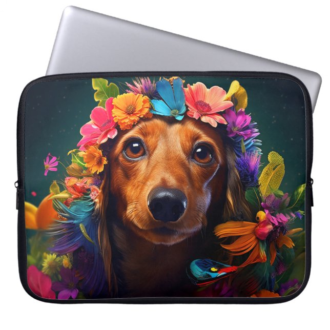 Färglös brun Hund med Blommigt Utandning Laptop Fodral (Framsidan)