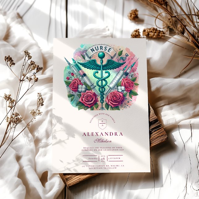 Färglös Caduceus Nurse Studenten med sprutor Inbjudningar (Skapare uppladdad)