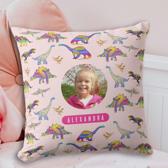 Färglös Dinosaur-Personlig Foto och Namn Rosa Kudde (Colorful dinosaur pattern personalized name and photo girls pink pillow)