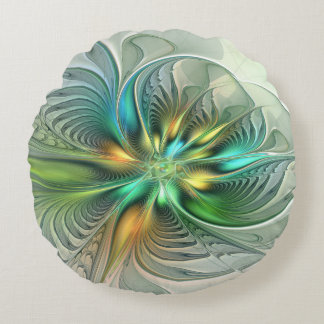 Färglös Fantasy-Abstrakt Flower Fractal Art Rund Kudde