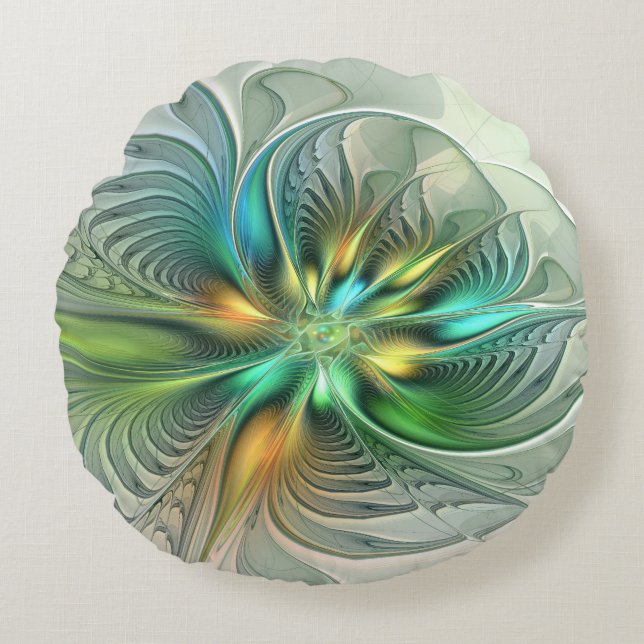 Färglös Fantasy-Abstrakt Flower Fractal Art Rund Kudde (Framsidan)