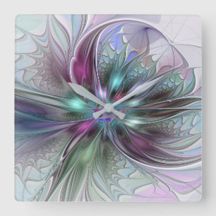 Färglös Fantasy-Abstrakt Modern Fractal Flower Fyrkantig Klocka
