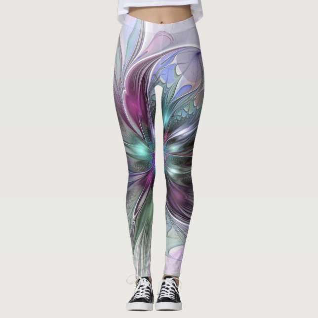 Färglös Fantasy-Abstrakt Modern Fractal Flower Leggings (Framsida)