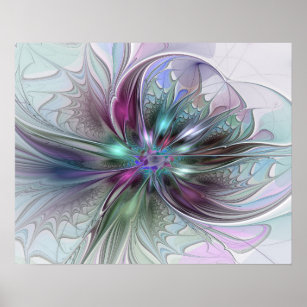 Färglös Fantasy-Abstrakt Modern Fractal Flower Poster