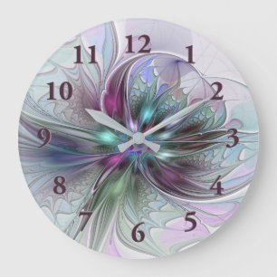 Färglös Fantasy-Abstrakt Modern Fractal Flower Stor Klocka
