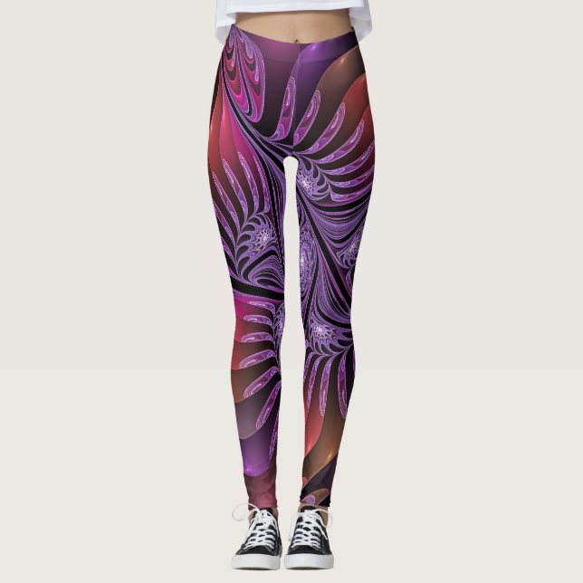 Färglös Fantasy-Abstrakt Trippy Lila Fractal Leggings (Framsida)