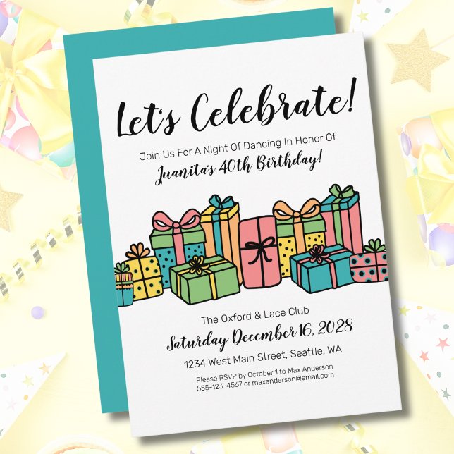 Färglös glad 40-års födelsedagsfest inbjudningar (Cute Fun Presents Colorful Happy Birthday Party Invitation)