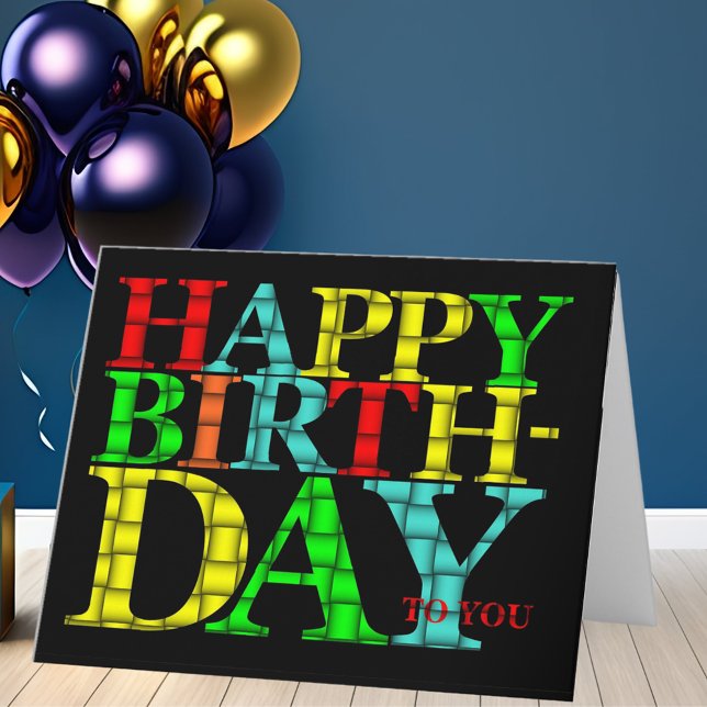 Färglös Grattis på födelsedagen-text med svart bak Kort (Colorful Happy Birthday Text with Black Background Card)
