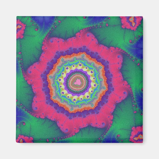 Färglös Grönt och Rosa Fractal Magnet (Framsidan)
