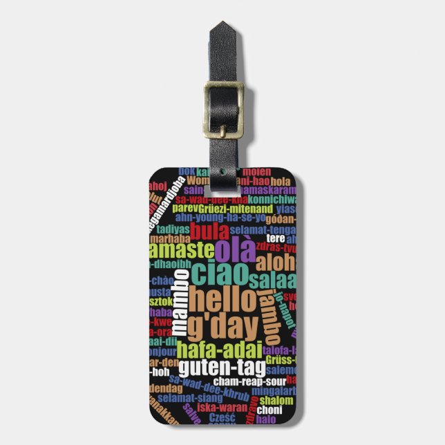 Färglös Hej på många språk Ord Cloud Bagagebricka (Vertikal Framsida)