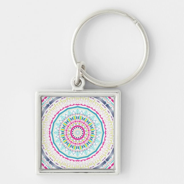 färglös mandala fyrkantig silverfärgad nyckelring (Framsidan)