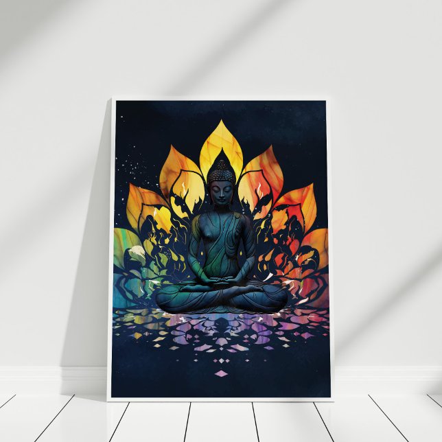 Färglös mediterande Buddha Universe Wall Art Poster (Colorful Meditating Buddha Universe Wall Art in white frame against white wall.)