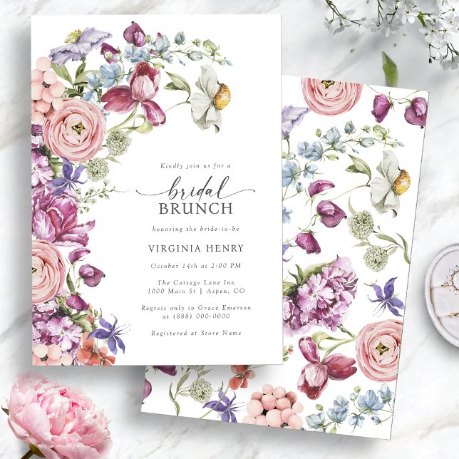 Färglös Möhippa Brunch Inbjudningar (Colorful Jewel Tone Wildflower Bridal Brunch Invitation by Painted Paperie
)