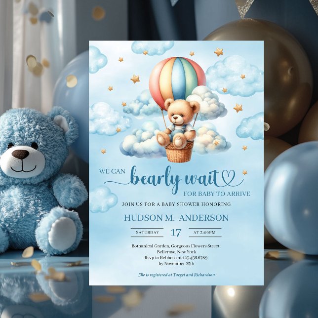 Färglös nalle innan Boy Baby Shower Inbjudningar (we can bearly wait boy baby shower invitation with teddy bear)