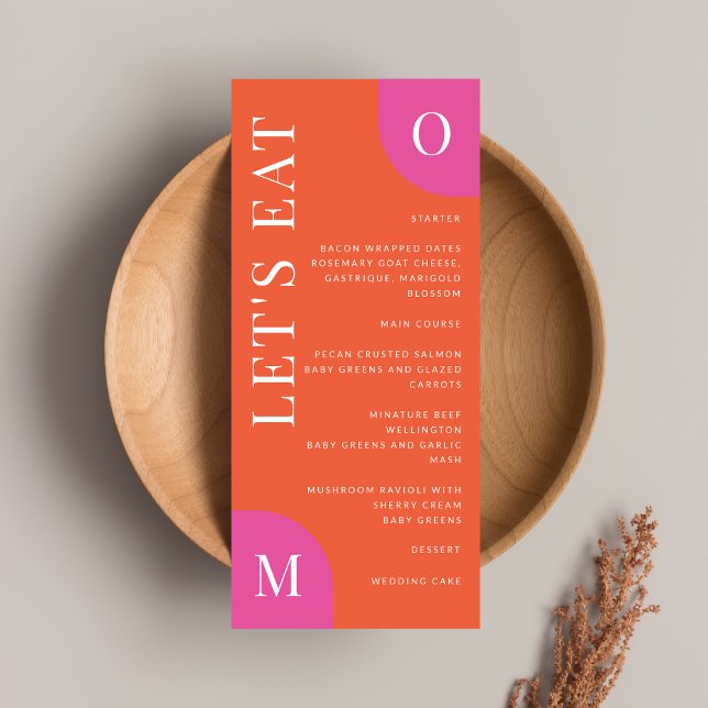 Färglös Orange och Rosa Bröllop Bold Bright Menu Meny (This colorful menu is the perfect addition to a bright and fun wedding celebration)