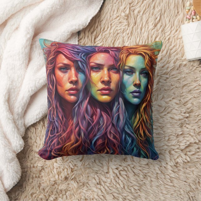 Färglös Porträtt av tre kvinnor med Vågigt hår Kudde (Filt)