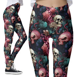 Färglös Rosa Alien Döskallars Blommigt Gothic Leggings
