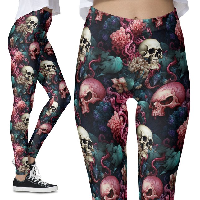 Färglös Rosa Alien Döskallars Blommigt Gothic Leggings (Skapare uppladdad)