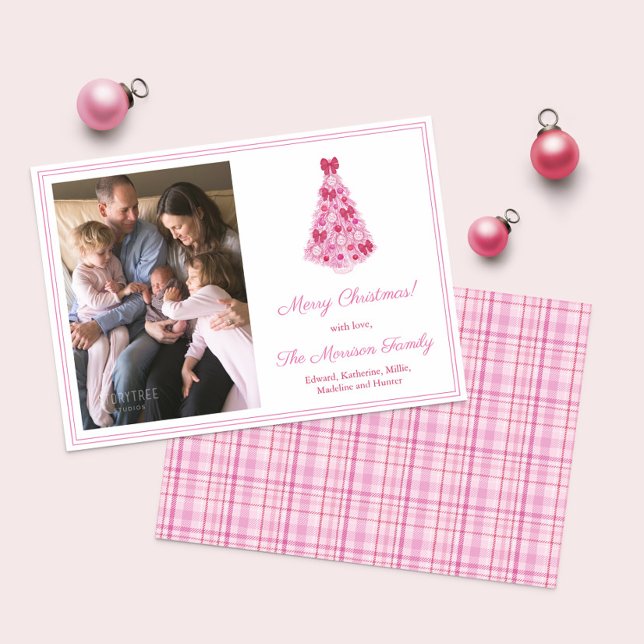 Färglös Rosa och Röda Julgran Bild Julkort (Vibrant pink and red Christmas Tree photo Holidays cards with matching tartan plaid backer)