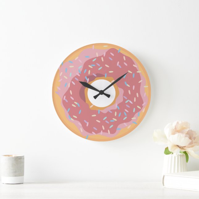 Färglös Rosa Pastel Donuts & Sprinkles Mönster Stor Klocka (Hem)