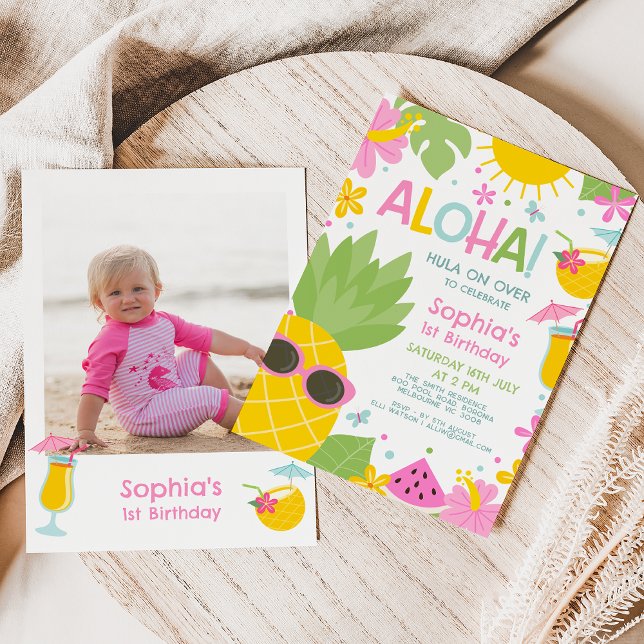 Färglös Rosa Photo Pineapple Aloha Birthday Inbjudningar (Editable Aloha Birthday Invitation, Hawaiian Theme Birthday Party Invitation Template, Summer )