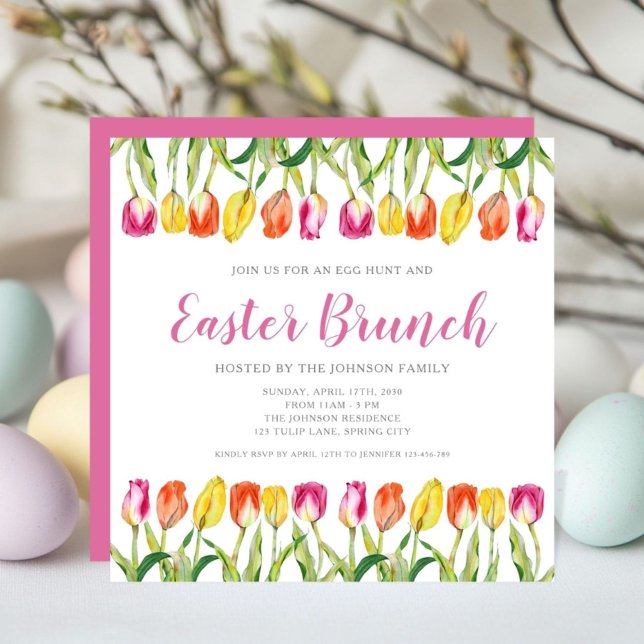 Färglös Rosa Tulip Påsk Brunch Inbjudningar (Colorful Pink Tulip Easter Brunch Invitation)