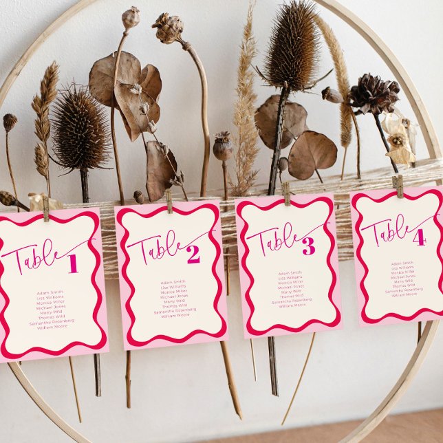 Färglös Rosa Vågigt Gräns sittande Namn-Bord-kort Inbjudningar (Hot pink wavy border table numbers with names as seating chart cards)