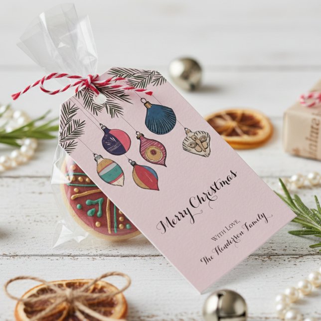 Färglös Rosa Vintage julprydnadsföremål Presentetikett (Elegant Rustic Blush Pink Vintage Christmas Ornament Gift Tags. Simple Red Gold Ornaments, Greenery)
