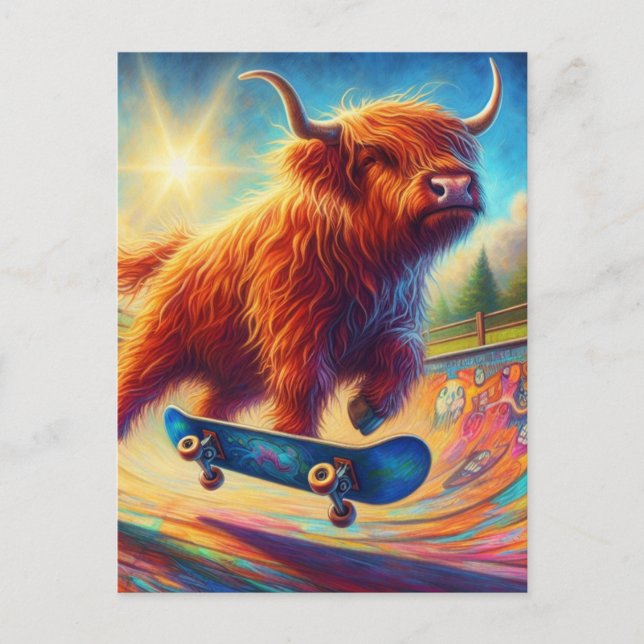 Färglös skotsk högland Cow Skateboarding Vykort (Framsida)