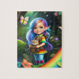 Färglös, söt, liten, söt, elf-flicka med katt pussel