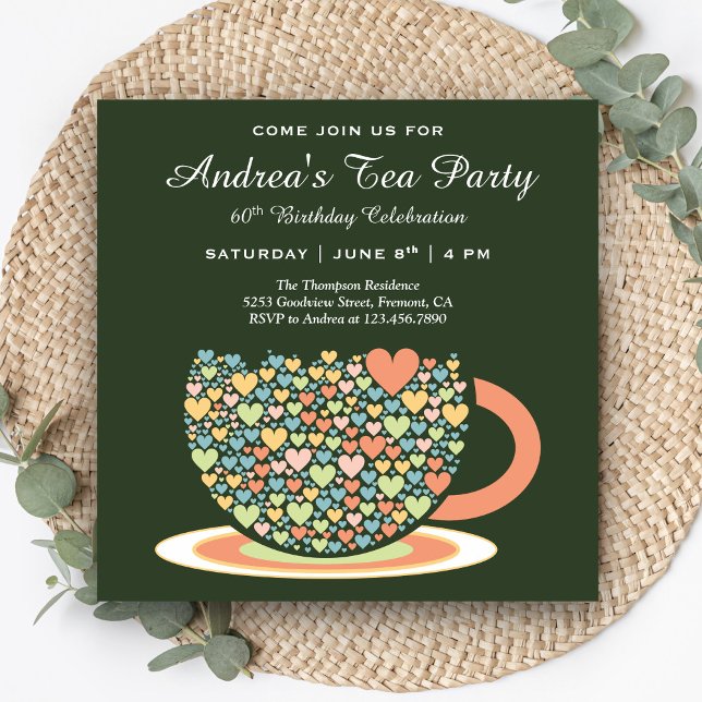 Färglös Söt Tea Kopp | Grönt Birthday Tea Party Inbjudningar (Skapare uppladdad)