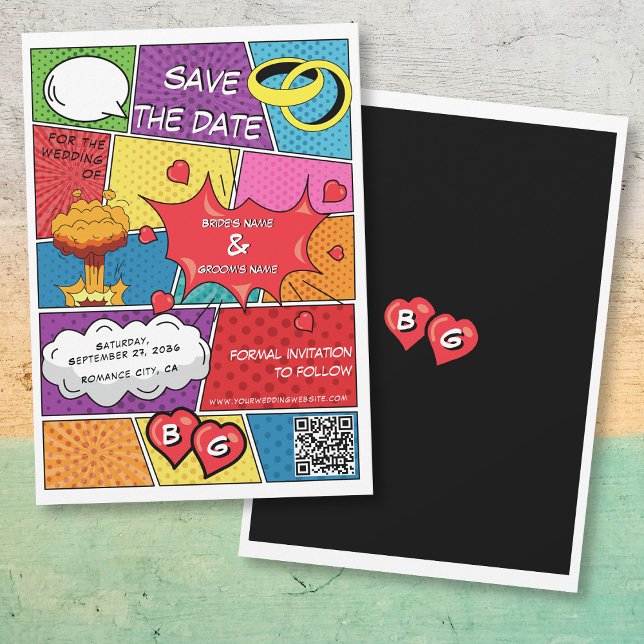 Färglös Tecknad Bok Pop Art Bröllop QR-kod Spara Datumet (Colorful Comic Book Pop Art Wedding QR Code Save The Date)