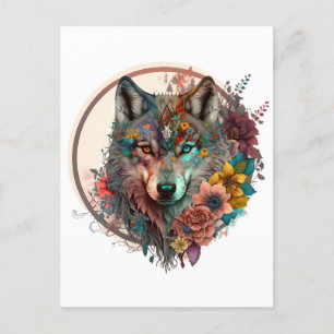 Färglös Varg med blommor Vykort