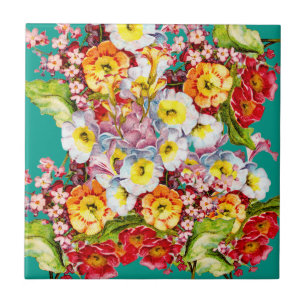 Färglös Vintage Primroses Blommigt Vår Mönster Kakelplatta