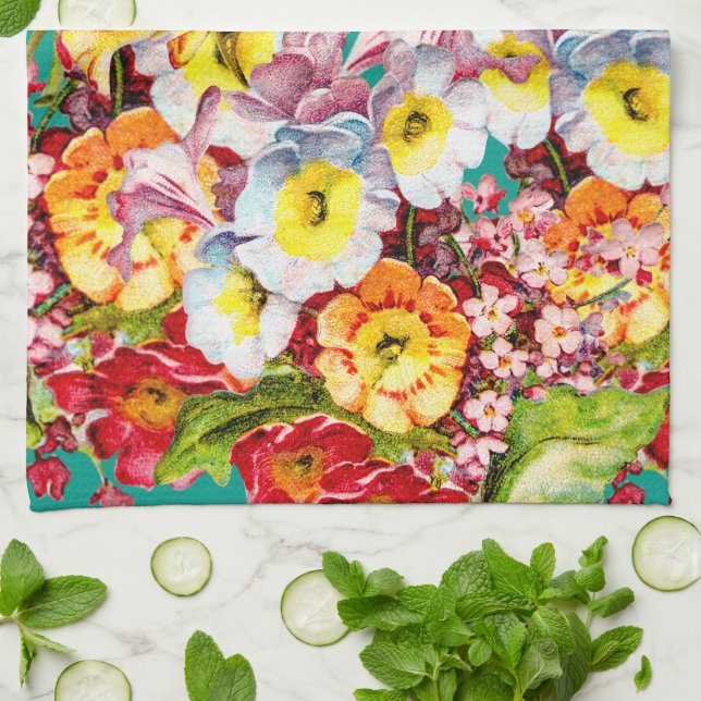 Färglös Vintage Primroses Blommigt Vår Mönster Kökshandduk (Vikta)