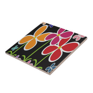 Färglösa Tecknad Stil Blommor ・ Små ・ Tile Kakelplatta
