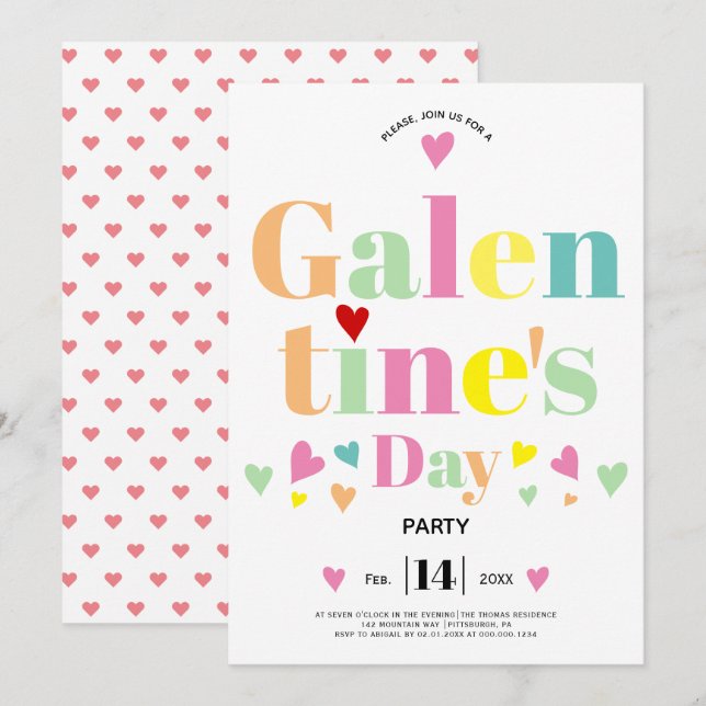 Färglösa typografihjärtan Galentinadagen party Inbjudningar (Fram/baksida)