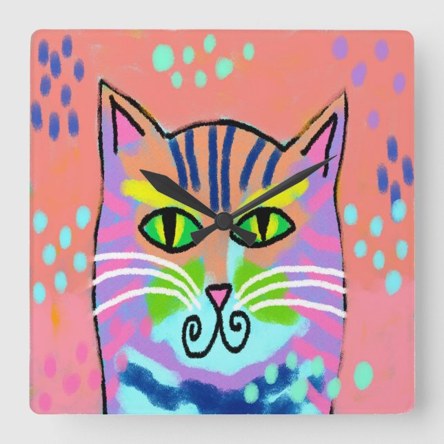 Färglöst Abstrakt Art Cat Wall Clock Fyrkantig Klocka (Framsida)