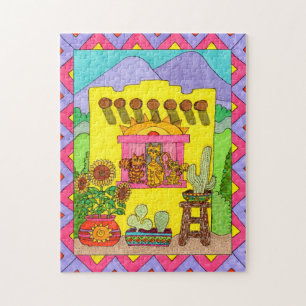 Färglöst Adobe House Cute Cats Mexican Folk Art Pussel