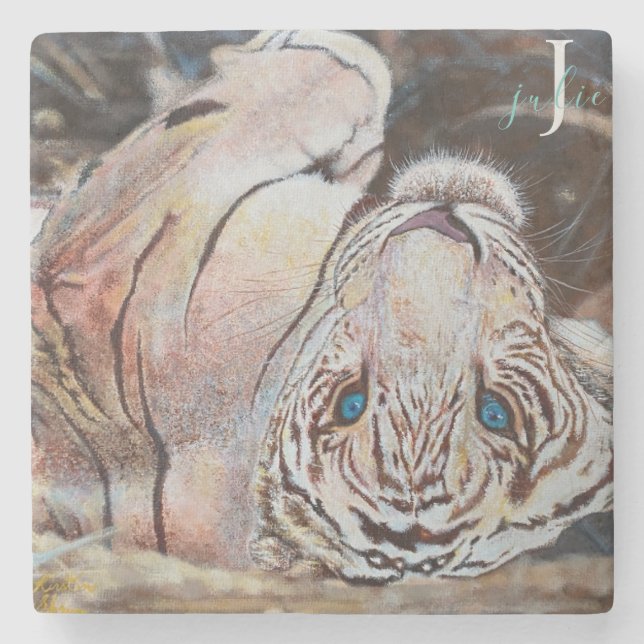 Färglöst akrylvit tiger Monogram Stenunderlägg (Framsidan)