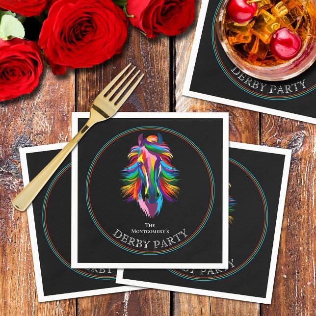 Färglöst akvariehäst Derby Party Pappersservett (Colorful racehorse on black Derby party cocktail napkins)