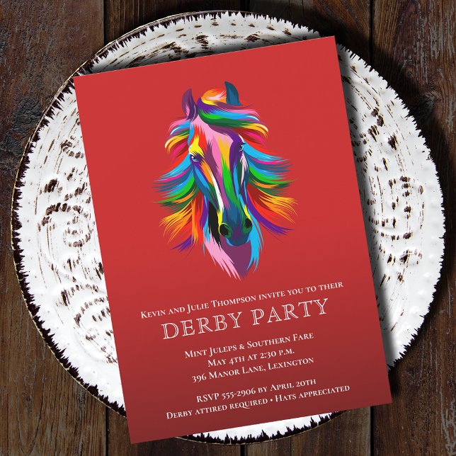 Färglöst akvariehäst Derby Party Red Inbjudningar (Colorful Race Horse Derby Party Invitations - PRINTED and/or INSTANT DOWNLOAD)
