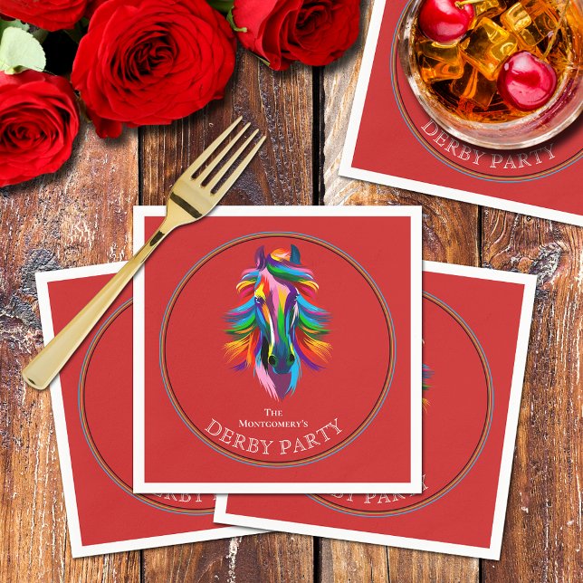 Färglöst akvariehäst Derby Party Red Pappersservett (Colorful racehorse on red Derby party cocktail napkins)