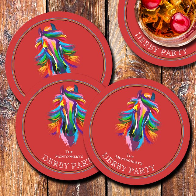Färglöst akvariehäst Derby Party Red Underlägg Papper Rund (Colorful Racehorse Derby Party Round Red Paper Coasters)